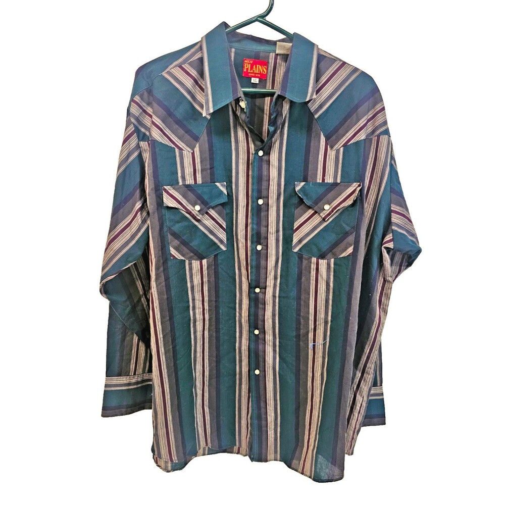 Ely Plains Men's XL Striped Long Sleeve Button-Up Shirt Blue Purple Gray Pockets